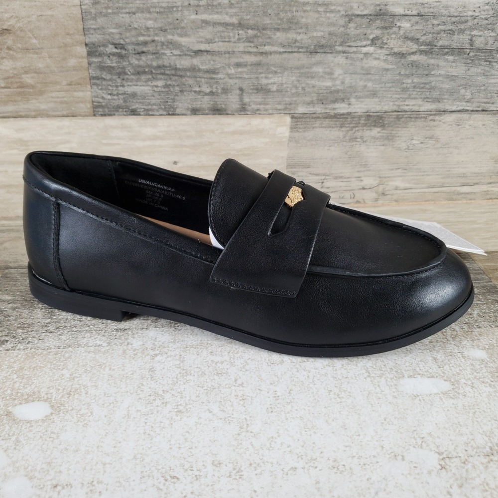 Dune London Greek Womens Penny Loafers Shoes Sz 9.5 Black Leather Slip On